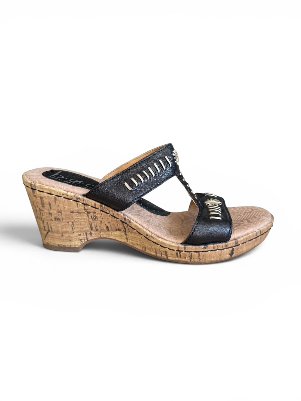 Born Concept B.O.C. Black Leather Cork Wedge Sandals Boho Comfort Shoes Size 7